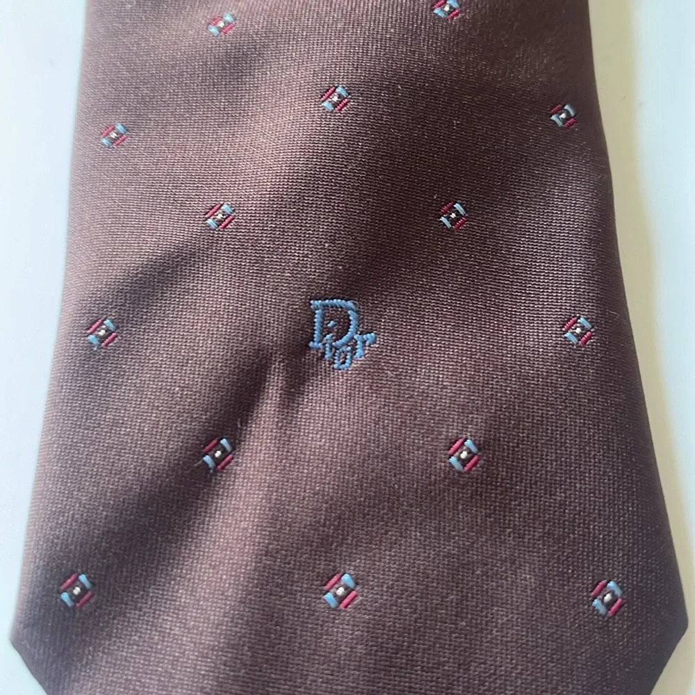 Christian Dior Brown NeckTie with Blue Emblem and Blue, Red & Gold Design - Picture 1 of 6